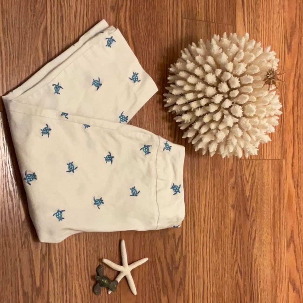 Cute white pants with blue embroidered turtles (slip on)